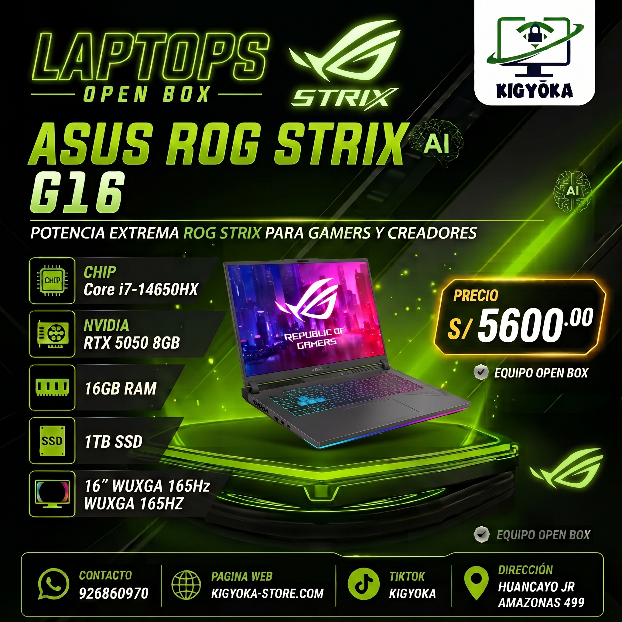 Gemini_Generated_Image_1y5ajc1y5ajc1y5a (1) LAPTOP GAMER ASUS ROG STRIX G16 INTEL CORE I7 14650HX RTX 5050 16GB DDR5 1TB SSD 16" FHD+ 165HZ - Imagen 1
